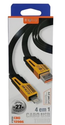 Cabo 4 em 1 Turbo – Modelo CBO-12986 | 27W PD | USB-A para Tipo-C, Lightning, Micro USB