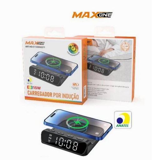 Carregador de celular por indução com relógio e despertador