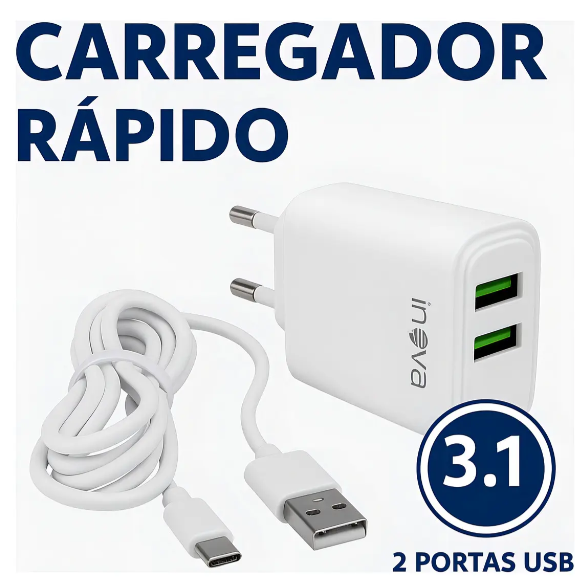 carregador Inova 3,1A com duas portas USB e cabo Tipo-C