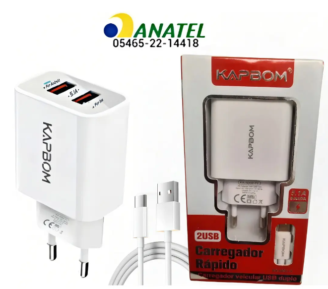 Carregador Rápido Kapbom com 2 Portas USB e Cabo V8